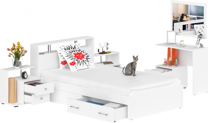 Камелия спальня № 13 Кровать с ящиками 1200 + Две тумбы + Стол косметич. + Зеркало, белый