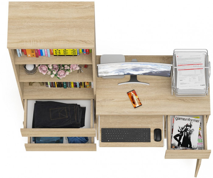 Мори компьютерный стол МС-1 правый + Стеллаж МСТ600.3, дуб сонома