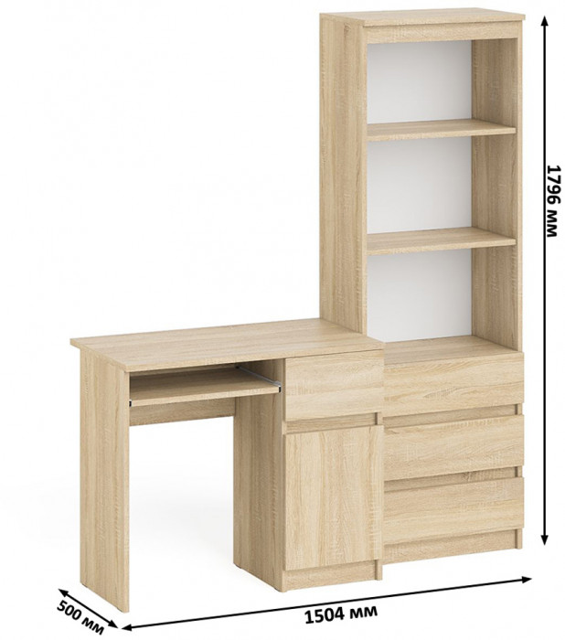 Мори компьютерный стол МС-1 правый + Стеллаж МСТ600.3, дуб сонома