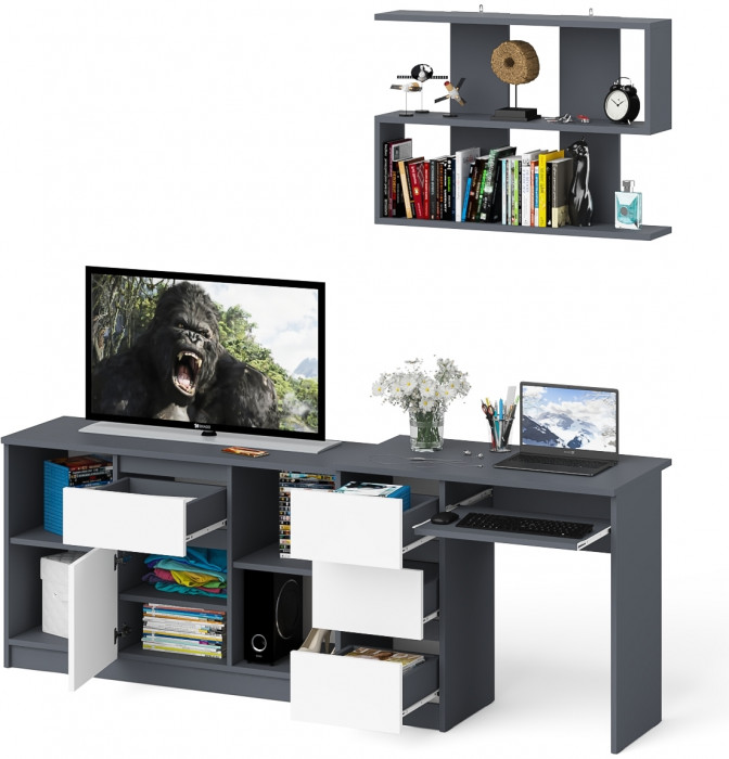 Мори Стол компьютерный МС-6 левый + Тумба МТВ1204.1 + Полка 900, цвет графит/белый, ШхГхВ 210,4х50х209,6 см., НЕ универсальная сборка