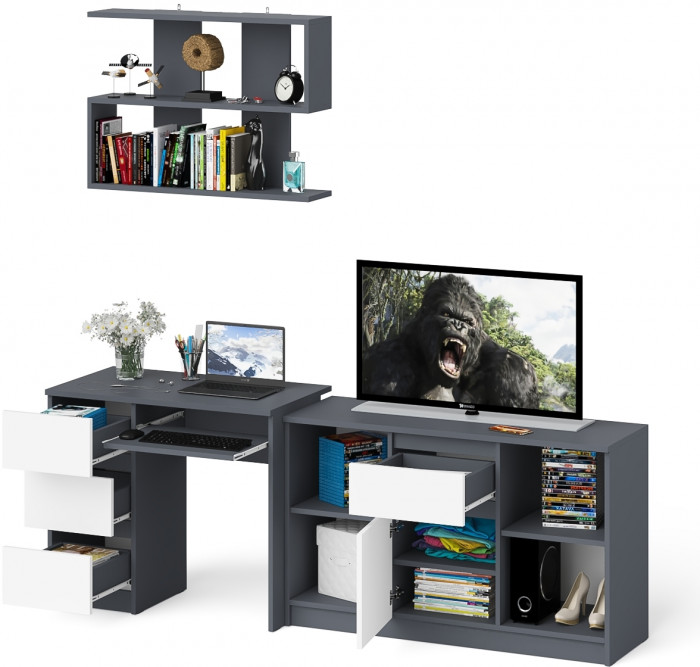 Мори Стол компьютерный МС-6 левый + Тумба МТВ1204.1 + Полка 900, цвет графит/белый, ШхГхВ 210,4х50х209,6 см., НЕ универсальная сборка