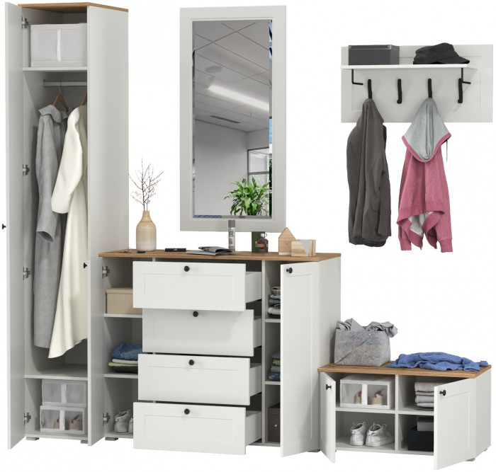 Остин Прихожая 51, цвет белый шагрень/дуб крафт золотой, ШхГхВ 240х54,3х229,6 см., универсальная сборка