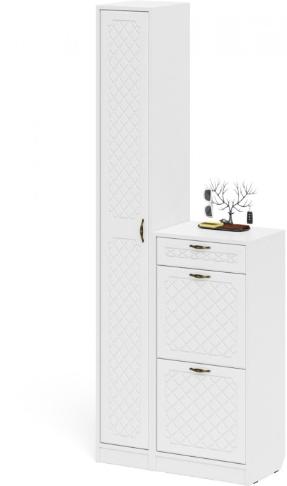 Прихожая П-6 Компоновка № 22, цвет белая шагрень/фасады МДФ белое дерево фрезеровка ромб, ШхГхВ 80х35х210 см., универсальная сборка