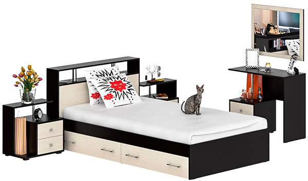 Камелия спальня № 13 Кровать с ящиками 1200 + Две тумбы + Стол косметич. + Зеркало, венге/дуб лоредо