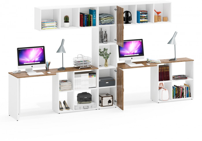 Лидер-8 Стол + Полка + Стол + Полка + Пенал, белый шагрень/крафт золото