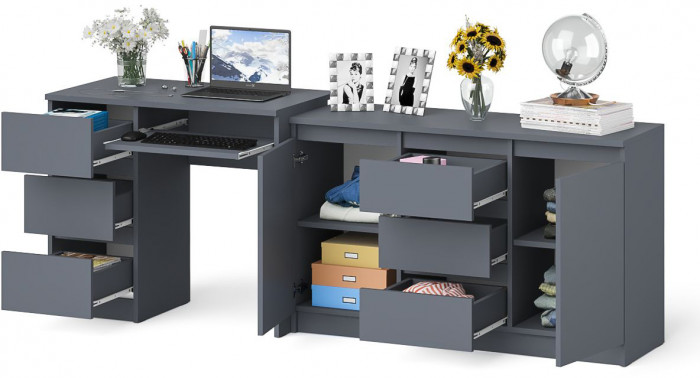 Мори компьютерный стол МС-6 левый + Комод МК1200.3, графит