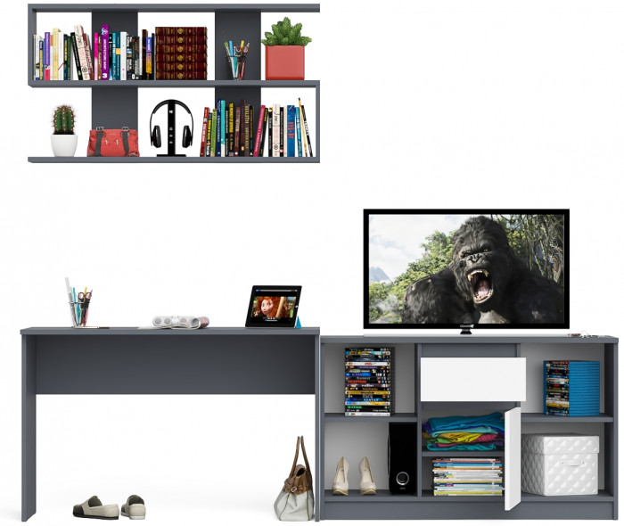 Мори письменный стол МСП1200.1 + Тумба МТВ1204.1 + Полка 1200, графит/белый