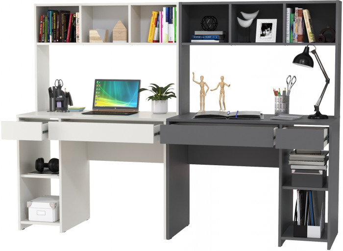 Стол компьютерный Комфорт 12.77F + Стол компьютерный Комфорт 12.77F, цвет белый шагрень/тёмно-серый, ШхГхВ 200х49,8х147 см., универсальная сборка