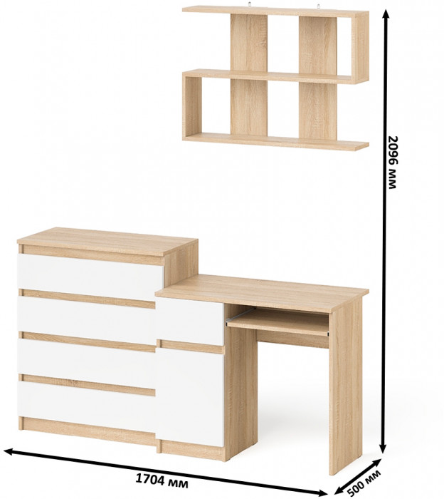 Мори компьютерный стол МС-1 левый + Комод МК800.4 + Полка 900, дуб сонома/белый
