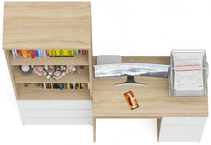 Мори компьютерный стол МС-1 правый + Стеллаж МСТ600.3, дуб сонома/белый