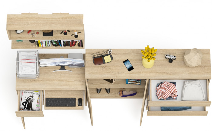 Мори Стол компьютерный МС-1 левый + Комод МК1600.1 + Полка 900, цвет дуб сонома, ШхГхВ 250,4х50х209,6 см., НЕ универсальная сборка