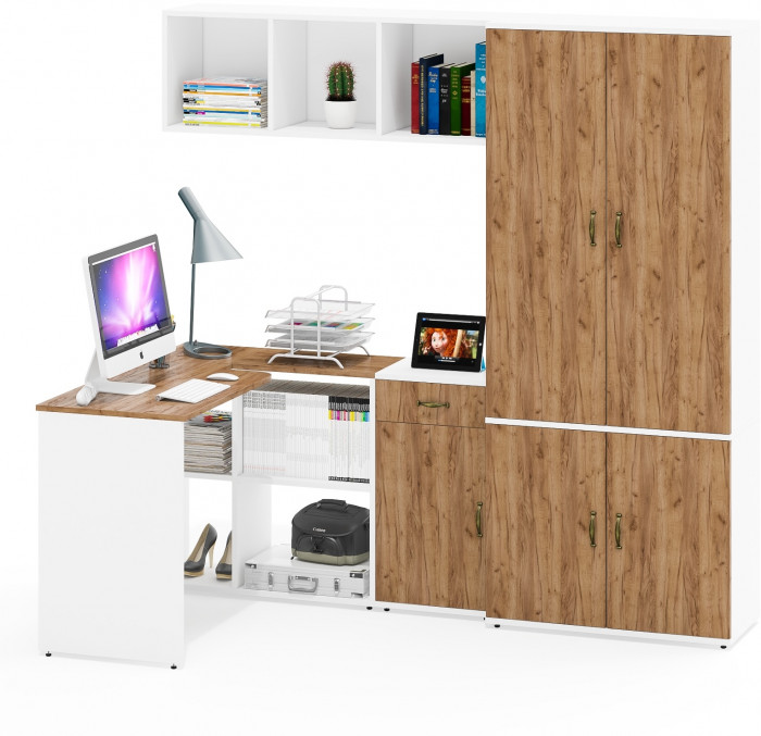 Лидер-8 Стол + Полка + Тумба МД 3.15 + Шкаф МД 20Б, цвет белый шагрень/крафт золото, ШхГхВ 285х50/37,5х75/190 или 115х200/50х75/190 см., НЕ ун. сб.