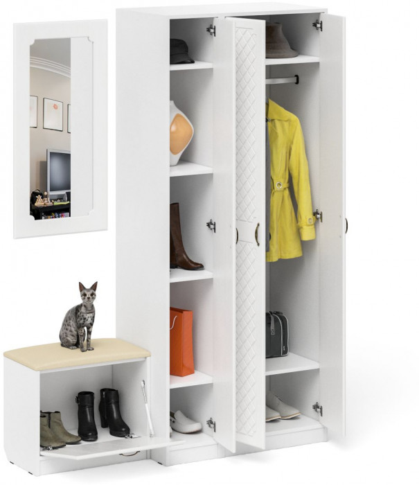 Прихожая П-6 Компоновка № 46, белая шагрень/фасады МДФ белое дерево фрезеровка ромб