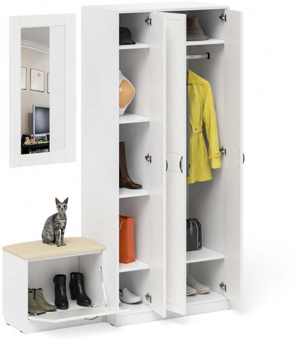 Прихожая П-6 Компоновка № 46, цвет белая шагрень/фасады МДФ белое дерево фрезеровка прованс, ШхГхВ 150х50х210 см., универсальная сборка