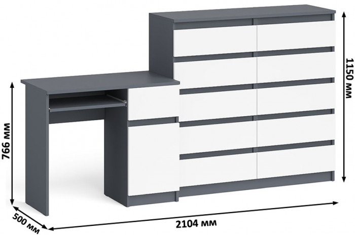 Мори компьютерный стол МС-1 правый + Комод МК1200.10, графит/белый