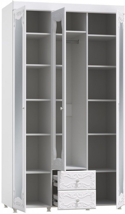 Шкаф 3-х дверный с ящиками и зеркалами Италия ИТ-58 белое дерево