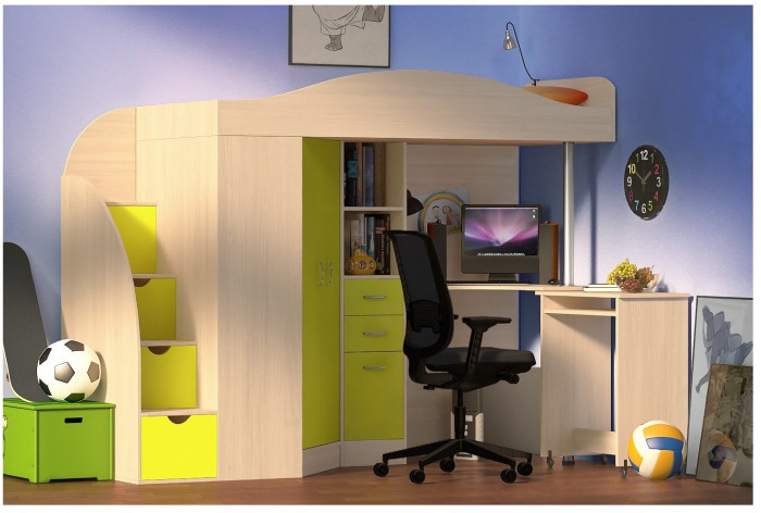 Кровать-чердак Юниор 4 (Дуб молочный/Белое дерево)