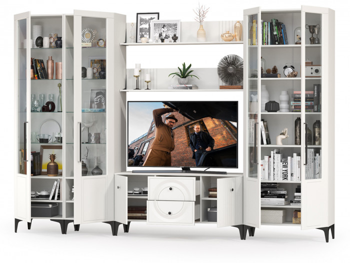 Валенсия Гостиная № 069, цвет ЛДСП белый шагрень/МДФ белый шагрень, ШхГхВ 327,2х38,3х225,2 см., ниша для ТВ 133х38х117 см., универсальная сборка