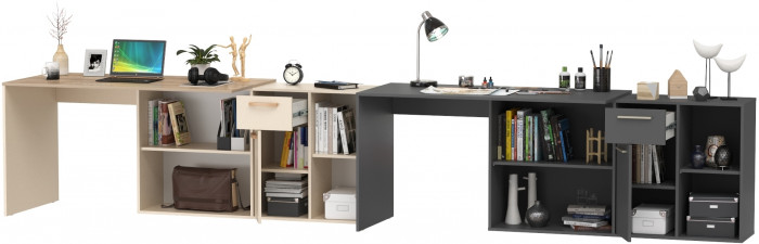 Два Стола письменных Лайт 03.245, цвет сатин/дуб эндгрейн элегантный/тёмно-серый, ШхГхВ 342,9х136х75,2 см.(угл.) или 407,2х68х75,2 см.(пр.), ун. сб.