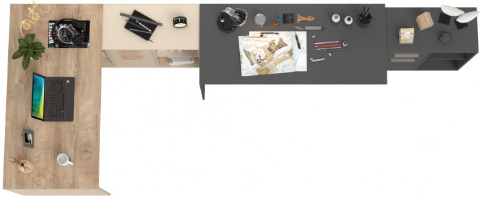 Два Стола письменных Лайт 03.245, цвет сатин/дуб эндгрейн элегантный/тёмно-серый, ШхГхВ 342,9х136х75,2 см.(угл.) или 407,2х68х75,2 см.(пр.), ун. сб.