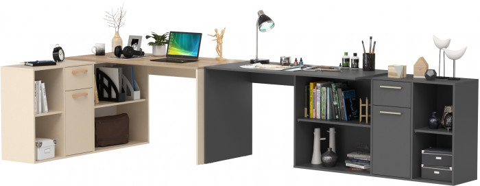 Два Стола письменных Лайт 03.245, цвет сатин/дуб эндгрейн элегантный/тёмно-серый, ШхГхВ 342,9х136х75,2 см.(угл.) или 407,2х68х75,2 см.(пр.), ун. сб.