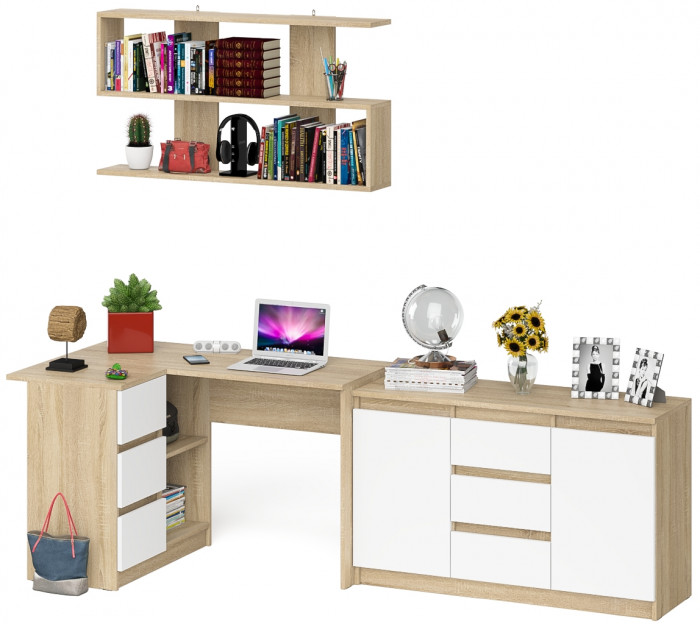 Мори компьютерный стол МС-16 левый + Комод МК1200.3 + Полка 1200, дуб сонома/белый