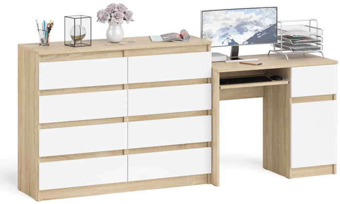 Мори Стол компьютерный МС-1 правый + Комод МК1200.8, цвет дуб сонома/белый, ШхГхВ 210,4х50х94 см., выдвижной ящик справа, НЕ универсальная сборка