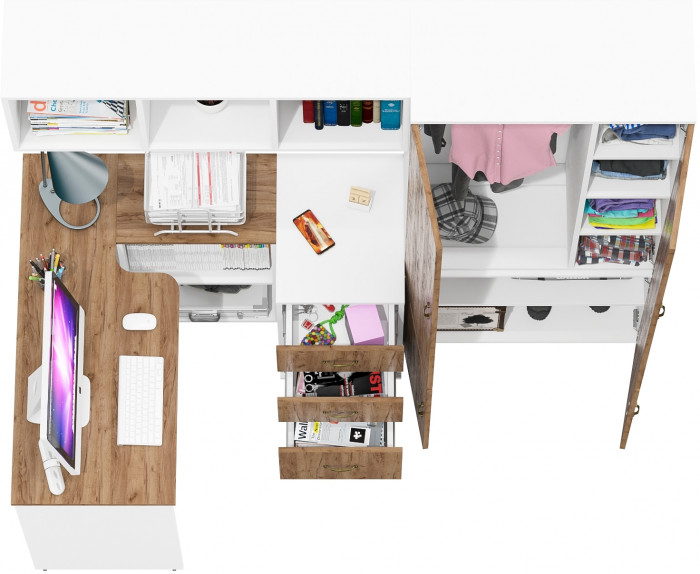 Лидер-8 Стол + Полка + Тумба МД 3.16 + Шкаф МД 20Б, цвет белый шагрень/крафт золото, ШхГхВ 285х50/37,5х75/190 или 115х200/50х75/190 см., НЕ ун. сб.