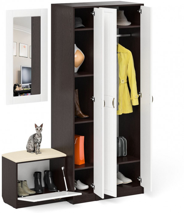 Прихожая П-6 Компоновка № 46, венге/фасады МДФ белое дерево фрезеровка прованс