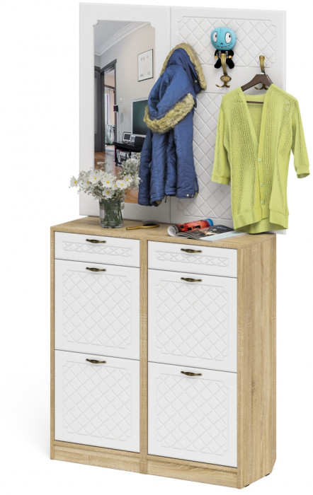 Прихожая П-6 Компоновка № 05, цвет дуб сонома/фасады МДФ белое дерево фрезеровка ромб, ШхГхВ 110х35х200 см.