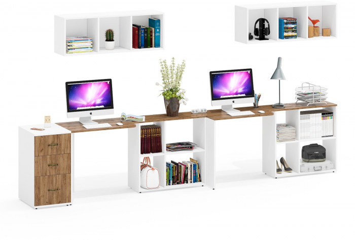 Лидер-8 Стол + Полка + Стол + Полка + Тумба МД 3.16, белый шагрень/крафт золото