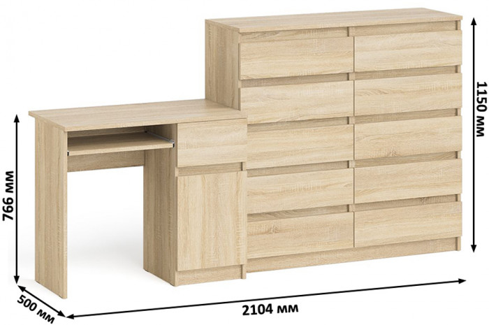 Мори компьютерный стол МС-1 правый + Комод МК1200.10, дуб сонома