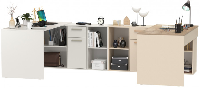 Два Стола письменных Лайт 03.245F, цвет белый шагрень/сатин/дуб эндгрейн элегантный, ШхГхВ 342,7х136х75,2 см.(угл.) или 407х68х75,2 см.(пр.), ун. сб.