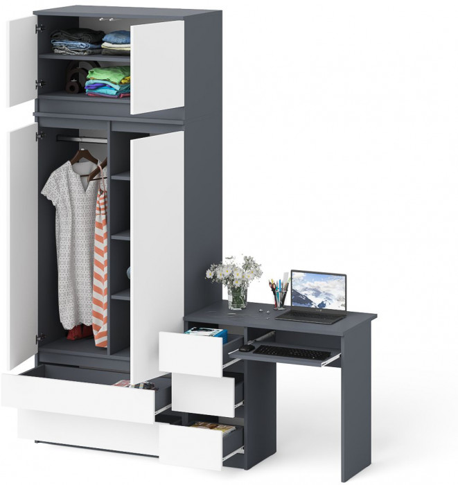 Мори компьютерный стол МС-6 левый + Шкаф МШ900.1 + Антресоль МА900.1, графит/белый