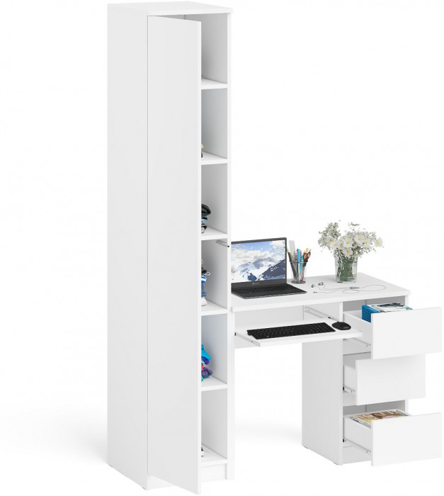 Мори Стол компьютерный МС-6 правый + Пенал МШ400.1, цвет белый, ШхГхВ 130,4х50,4х209,6 см., выдвижные ящики справа, НЕ универсальная сборка
