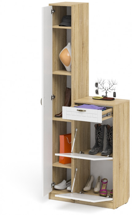 Прихожая П-6 Компоновка № 22, цвет дуб сонома/фасады МДФ белое дерево фрезеровка прованс, ШхГхВ 80х35х210 см., универсальная сборка