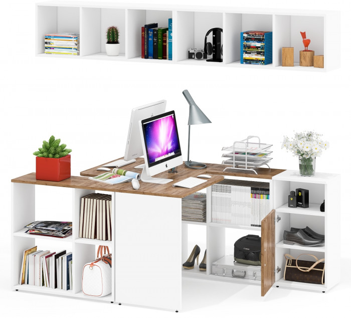 Лидер-8 Стол + Полка + Стол + Полка + Тумба МД 3.19, белый шагрень/крафт золото