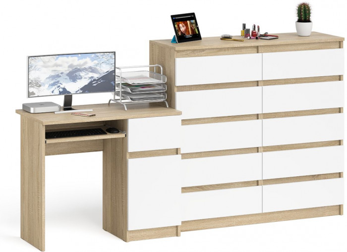 Мори компьютерный стол МС-1 правый + Комод МК1200.10, дуб сонома/белый