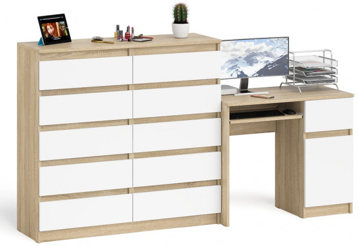 Мори компьютерный стол МС-1 правый + Комод МК1200.10, дуб сонома/белый