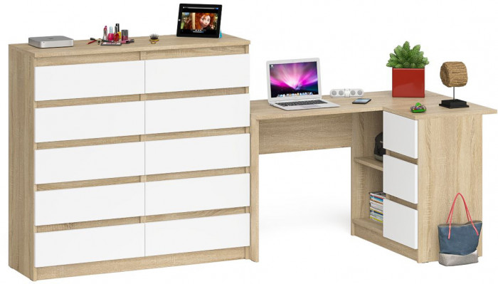 Мори компьютерный стол МС-16 правый + Комод МК1200.10, дуб сонома/белый