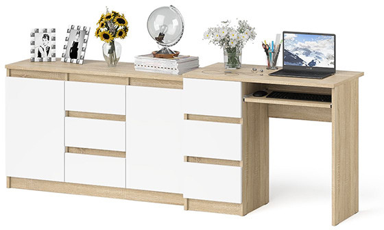 Мори компьютерный стол МС-6 левый + Комод МК1200.3, дуб сонома/белый