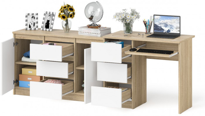 Мори компьютерный стол МС-6 левый + Комод МК1200.3, дуб сонома/белый