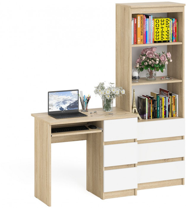 Мори компьютерный стол МС-6 правый + Стеллаж МСТ600.3, дуб сонома/белый