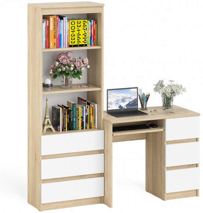 Мори компьютерный стол МС-6 правый + Стеллаж МСТ600.3, дуб сонома/белый