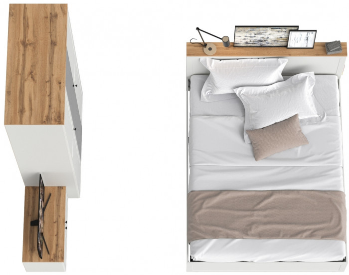 Остин 11.53 Кровать + ортопед + 13.336.03 Шкаф для одежды + 13.257 Тумба, белый шагрень/дуб крафт золотой