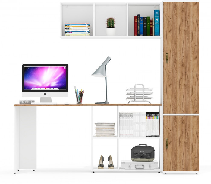 Лидер-8 Стол + Полка + Пенал МД 23Б, цвет белый шагрень/крафт золото, ШхГхВ 205х50/50х75/190 или 115х50/120х75/190 см., НЕ универсальная сборка