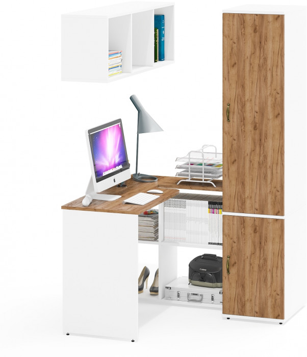 Лидер-8 Стол + Полка + Пенал МД 23Б, цвет белый шагрень/крафт золото, ШхГхВ 205х50/50х75/190 или 115х50/120х75/190 см., НЕ универсальная сборка