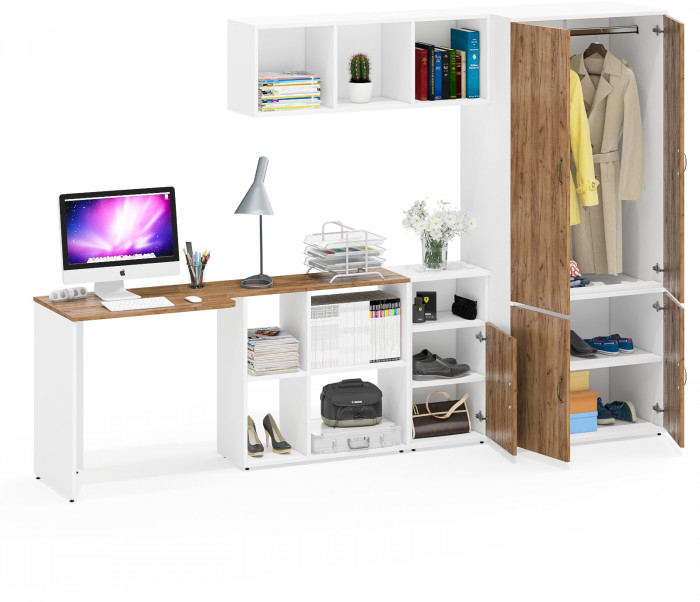 Лидер-8 Стол + Полка + Тумба МД 3.19 + Шкаф МД 19Б, цвет белый шагрень/крафт золото, ШхГхВ 285х50/50х75/190 или 200х115/50х75/190 см., НЕ ун. сб.