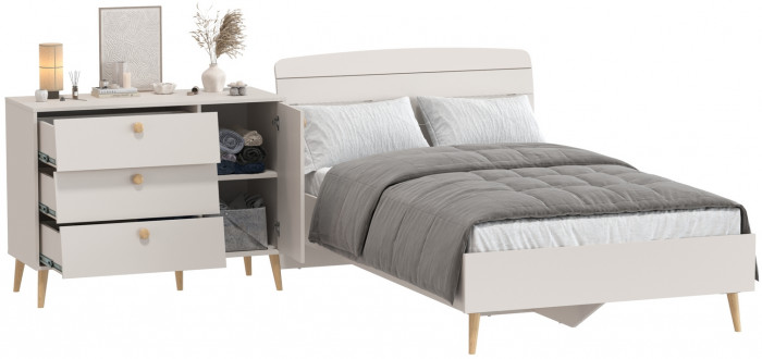 Афина Спальня Кровать 1200 + Комод, цвет кашемир серый, ШхГхВ 123,6х210,2х95,7 + 110х45,3х83 см., сп.м. 1200х2000 мм., б/м, основание есть