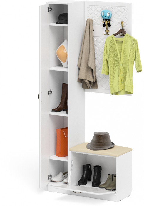 Прихожая П-6 Компоновка № 21, белая шагрень/фасады МДФ белое дерево фрезеровка ромб